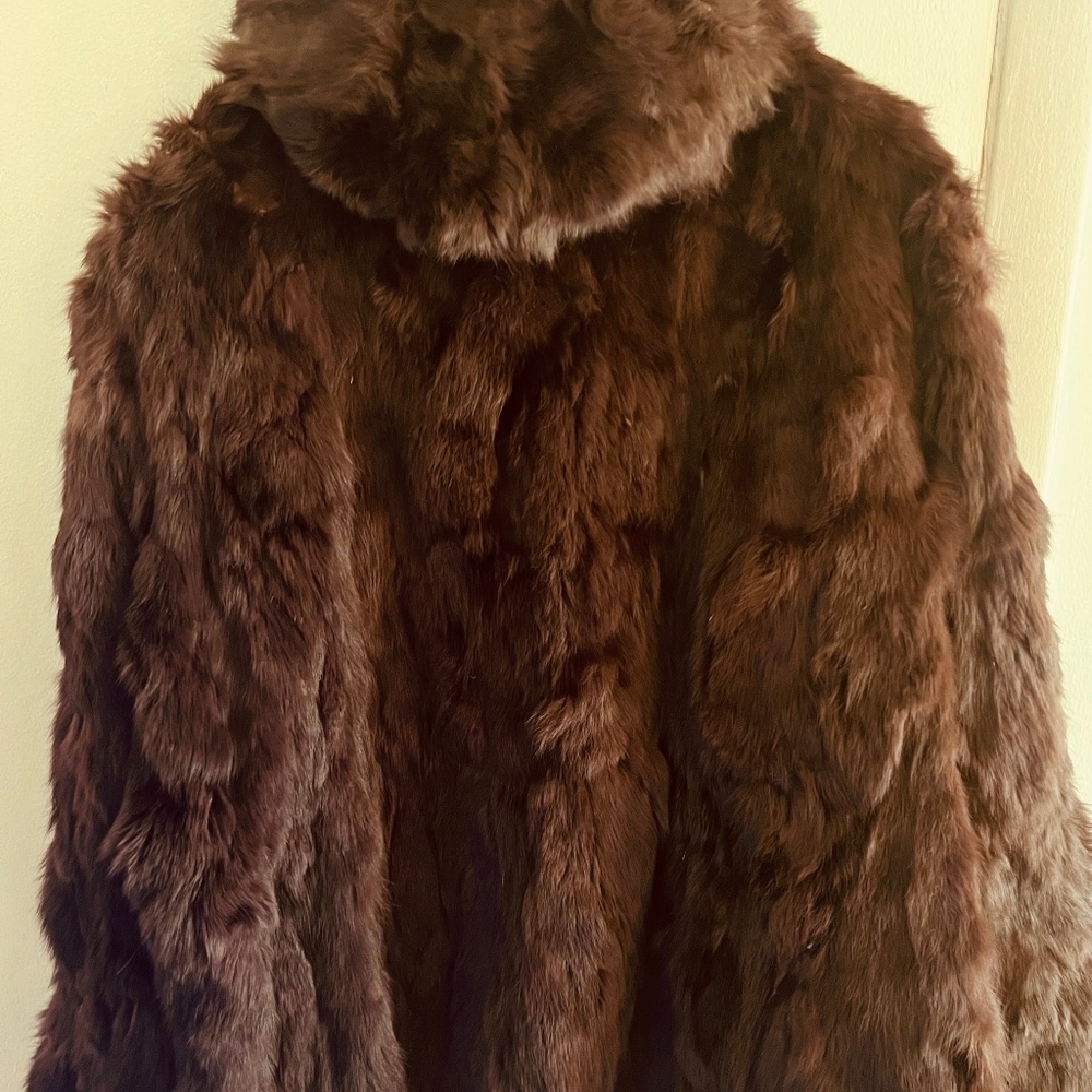 Rabbit Fur 100% vintage Burgundy Brown Ashley Stewart hooded jacket